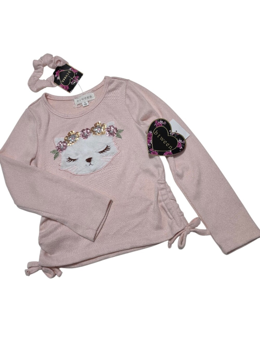 Btween Girls Light Pink Long Sleeve Sleeping Cat Top & Matching Hair Accessory